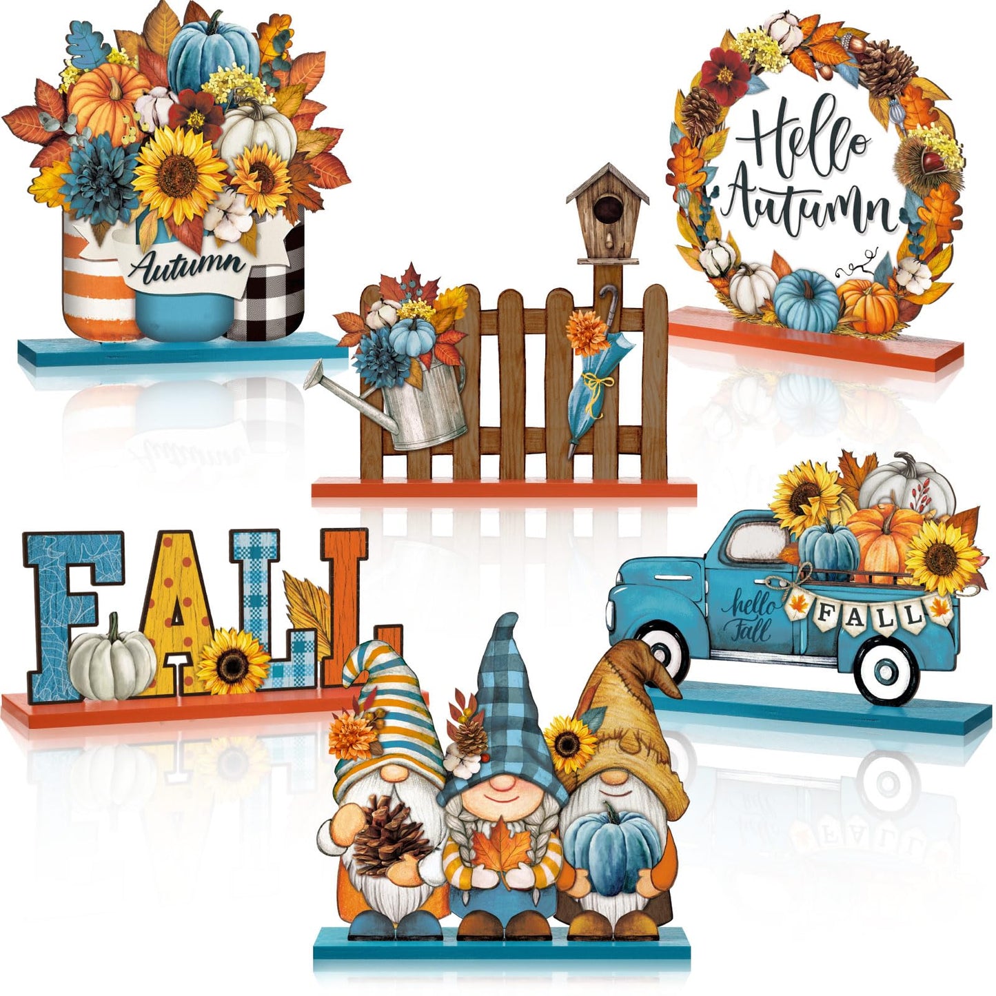 Wenqik 6 Pcs Hello Autumn Wooden Table Decorations Fall Wood Tabletop Sign Centerpiece Rustic Decorations for Office Desk Farmhouse Home Kitchen Tiered Tray Decor Shelves Table Decorative(Blue)