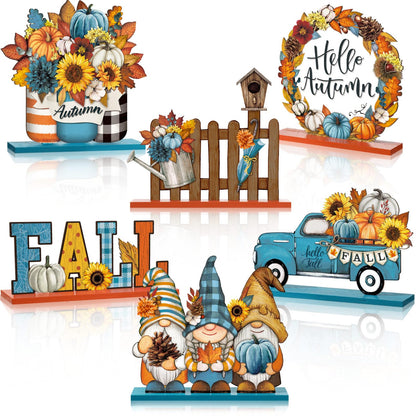 Wenqik 6 Pcs Hello Autumn Wooden Table Decorations Fall Wood Tabletop Sign Centerpiece Rustic Decorations for Office Desk Farmhouse Home Kitchen Tiered Tray Decor Shelves Table Decorative(Blue)
