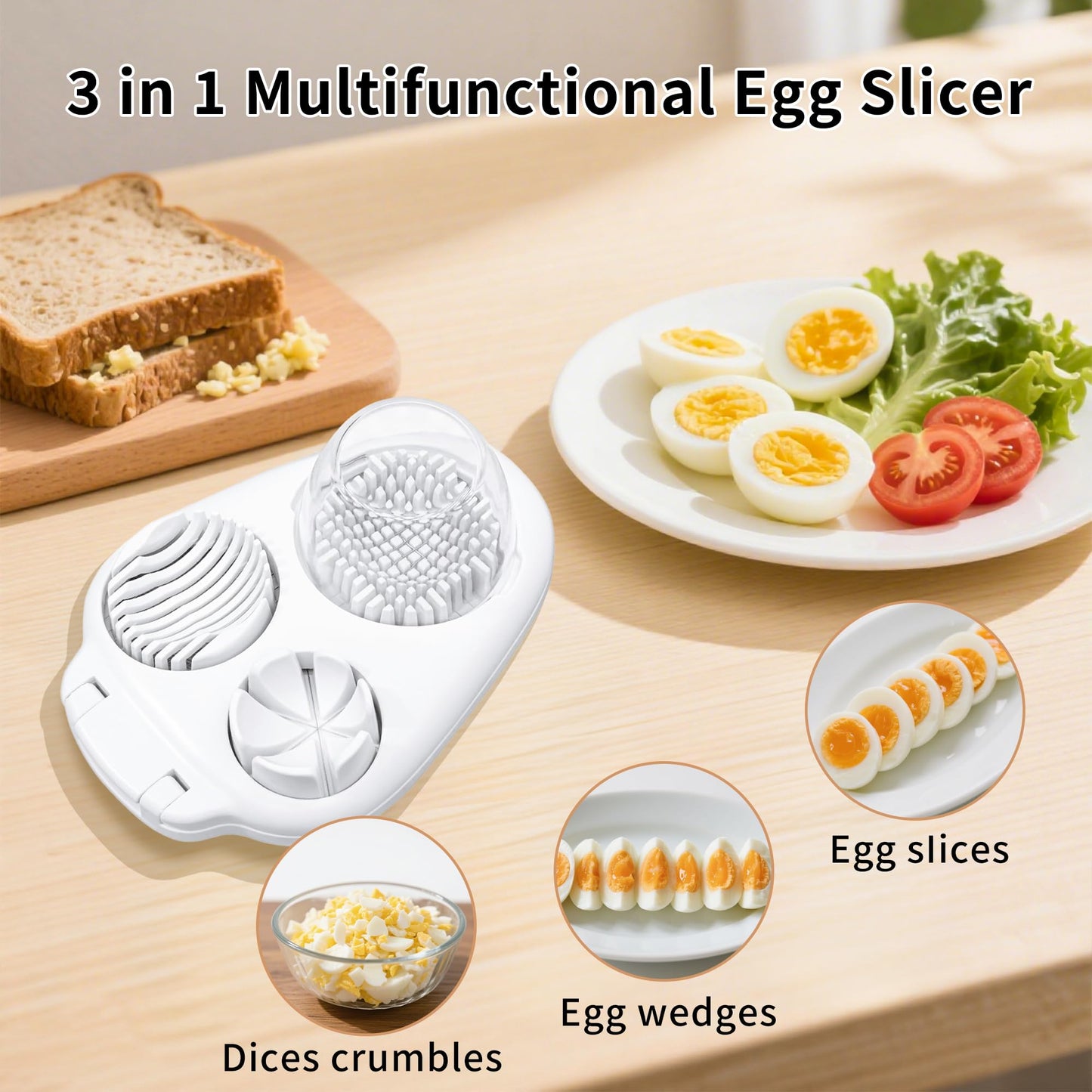 3-in-1 Egg Slicer for Hard Boiled Eggs, Multiple Slice Modes Egg Cutter, Heavy Duty Stainless Steel Chopper Tool, Multipurpose Kitchen Gadgets for Strawberry, Salad, Kiwi, Mushroom, Tomato Prep