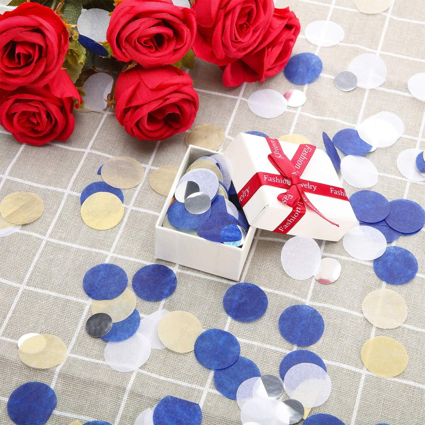 TecUnite Round Tissue Paper Table Confetti Dots for Wedding Birthday Party Decoration, 1.76 oz (Blue Gold Silver, 2.5