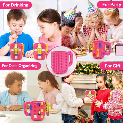 Build-on Brick Coffee Mug, Funny DIY Novelty Cup with Building Blocks for Kids, Men, Women, Xmas Birthday (Rose)