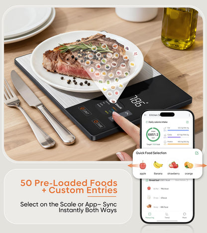 KUAIVO Smart Nutrition Food Scale with TFT Display, Tracks Calories, Fat, Carbs & Protein, Works with App for Daily Reports, 50 Built-in Foods, 23 Nutrients, Digital Kitchen Scale for Meal Prep