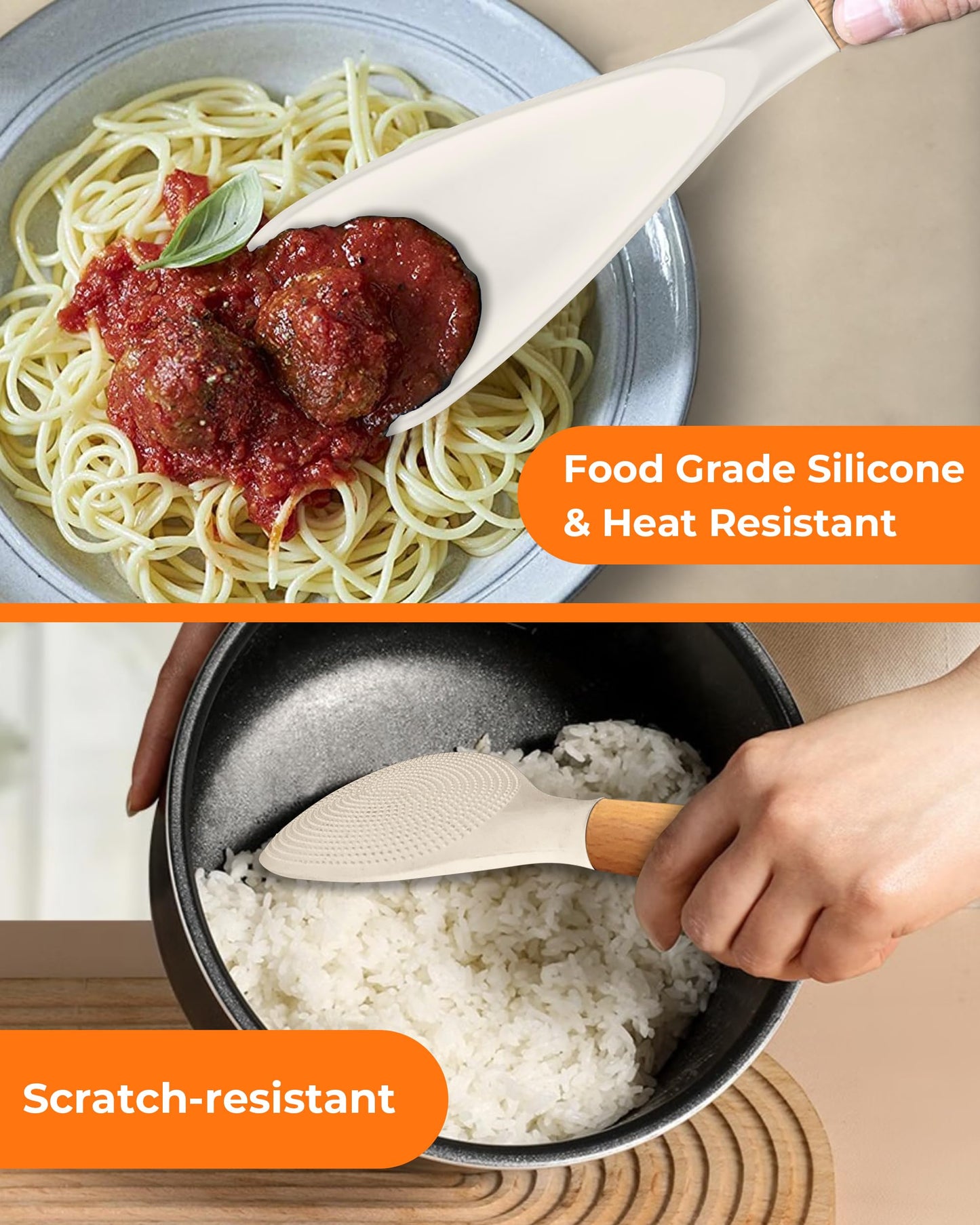 FINENUT Cooking Spoon Multifunction Spoonula Silicone Spatula Spoon 2-Pack, Dual-Use Heat Resistant 446°F, BPA-Free Non-Toxic Wooden Handle Rice Spoon Set for Non-Stick Cookware & Rice Cookers (Khaki)