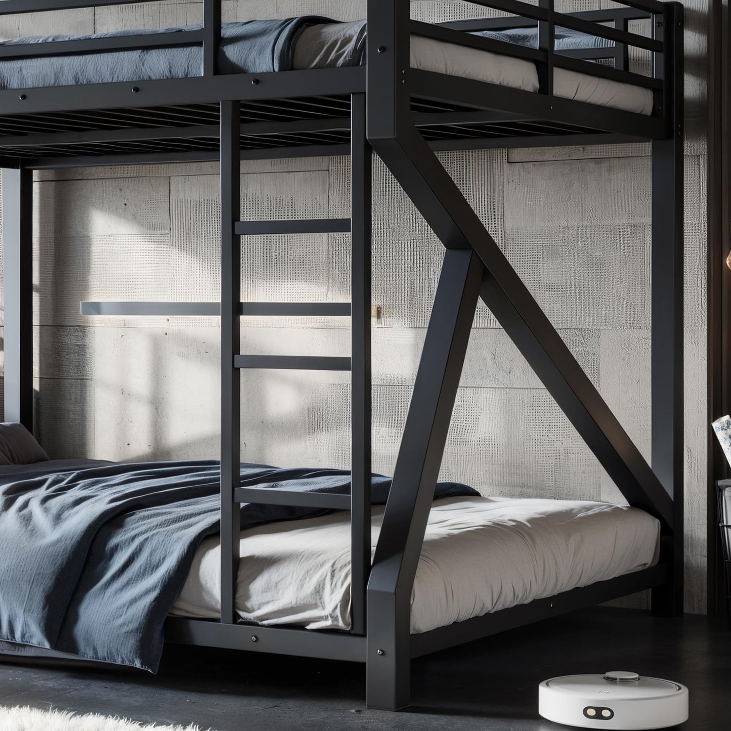 Bellemave Queen Over Queen Metal Bunk Bed,Low Profile Floor Bunk Bed Frame with Angled Ladder, Heavy Duty & Noise-Free Design for Kids, Teens & Adults, Black