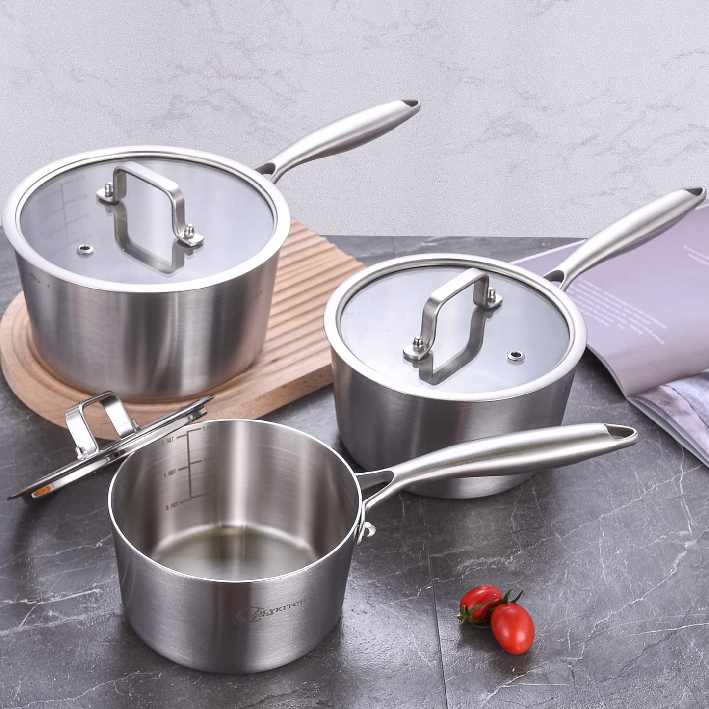 LOLYKITCH Tri-Ply Stainless Steel Saucepan Set with Glass Lids, 1QT & 3QT Cooking Pots, Uncoated Heavy Bottom Metal Sauce Pans for Induction Cooktop, Ergonomic Handle