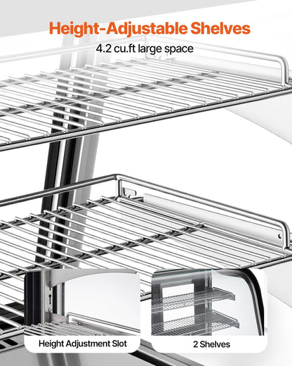 VEVOR Refrigerated Display Case, 4.2 Cu.Ft./105L Countertop Pastry Display Case, 2-Tier Commercial Cake Refrigerator with LED Lighting, TURBO Cooling, Frost-Free Air-Cooling, for Bakery, Dessert Shop