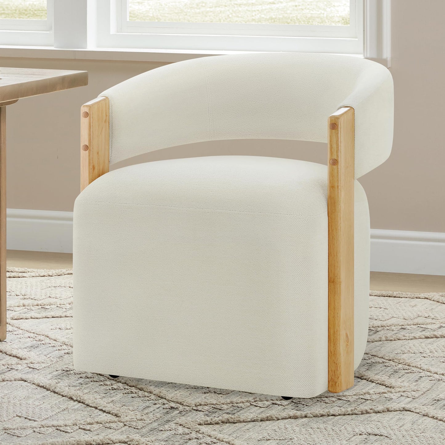 KISLOT Upholstered Dining Chairs Set of 2, Barrel Modern Dining Room Chairs with Casters, Kitchen Side Wooden Armchair with Fabric Cushion Seat for Bedroom, Livingroom, Reading Room, Beige, 2 Boxs