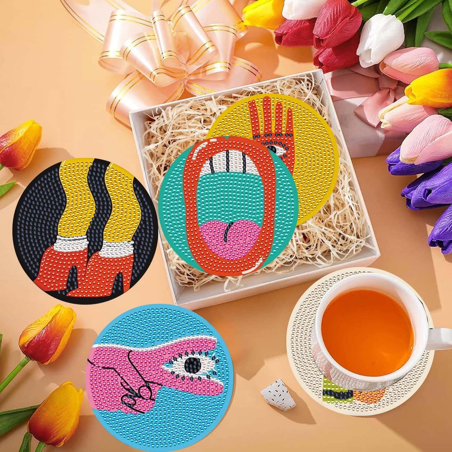 6 Pcs 5D DIY Diamond Paintings Vintage Coasters with Holder for Adults Beginners, Round Full Drill Diamond Art Craft Supplies.Vintage QLBD-18