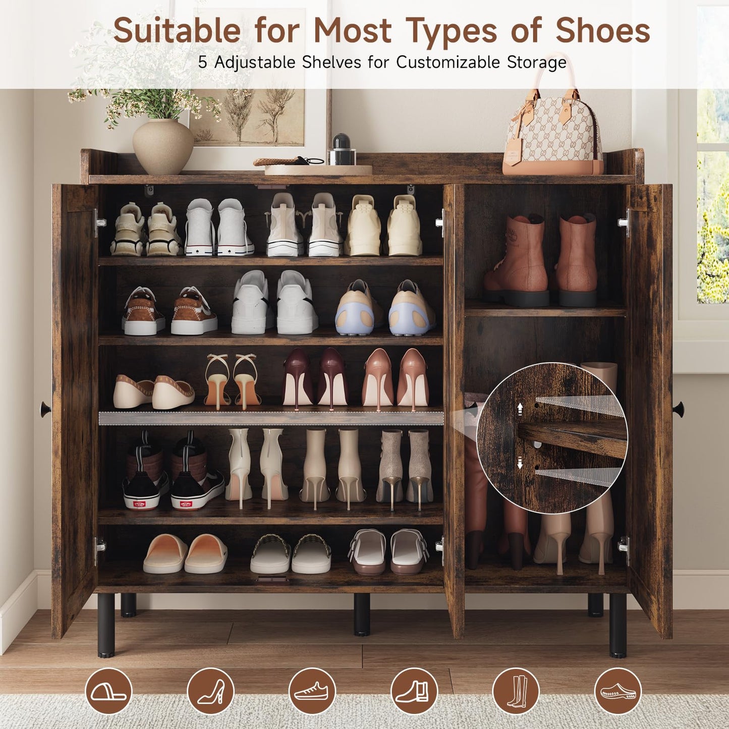 5+2 Tier Shoe Storage Cabinet with 3 Doors, 40" Tall Entryway Cabinet for 30 Pairs Shoe, Shoe Rack Organizer with 5 Adjustable Shelves & Metal Legs, Shoe Storage for Front Door Entrance, Rustic Brown
