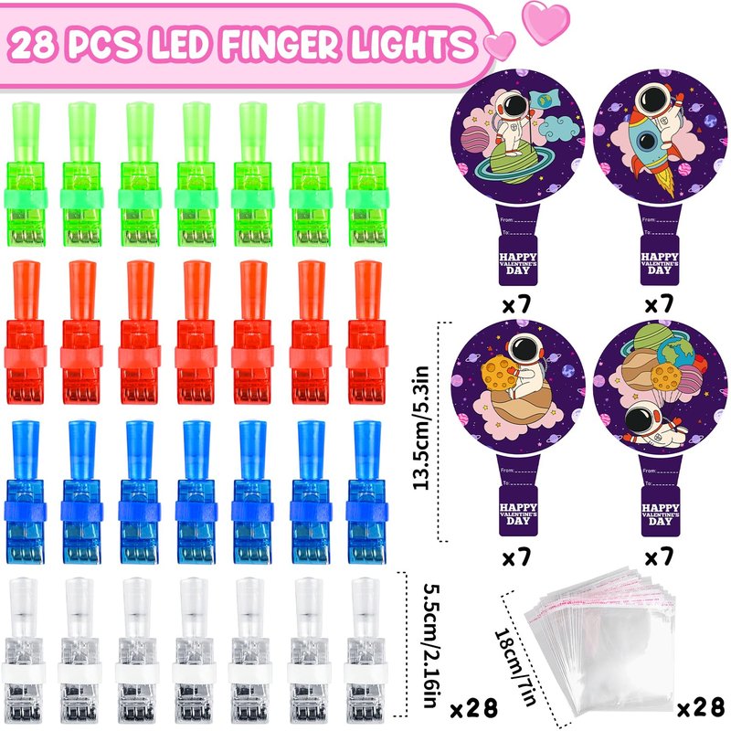 MOVINPE Valentines Day Exchange Gifts for Kids Classroom, 28 Packs Finger Lights with Valentines Cards - Light Up Finger Flashlights Valentine Day Gifts School Party Favors Class Prizes Bulk Space