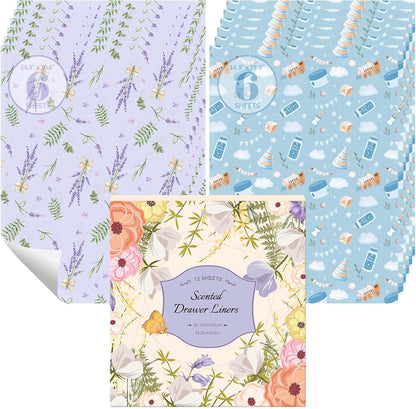 12 Closet, STRN Drawer Liners for Dresser, Lavender & Baby Powder Scented Fragrant Drawer Liner Sheets, Non-Adhesive