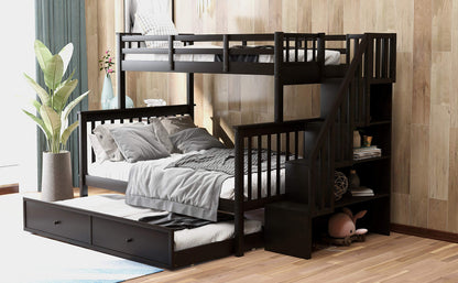 Merax Stairway Twin-Over-Full Bunk Bed with Twin Size Trundle, Storage and Guard Rail for Bedroom, Dorm, for Adults, Espresso