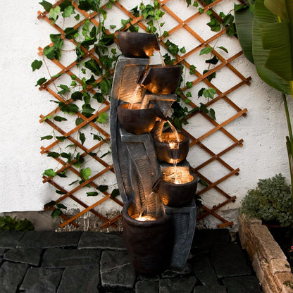 6-Tier Cascading Outdoor Water Garden Fountain 49.61''H Modern Floor-Standing Indoor Waterfall Fountains Bowl and Jar Water Feature with LED Lights for Office Home Art Decor Deck Yard Patio Porch