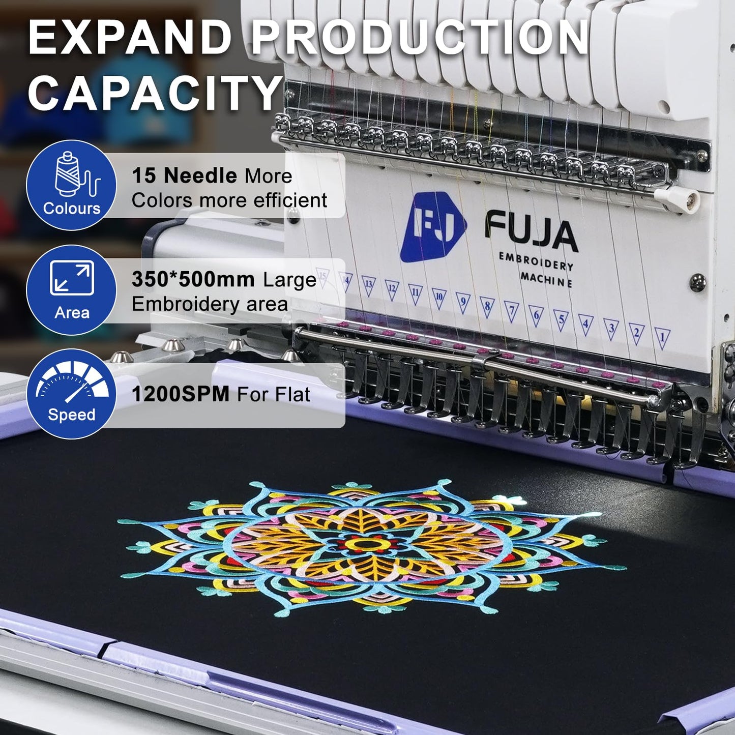 FUJA 15 Needle 14"x20" Large Area Commercial Embroidery Machine,1200 SPM High Speed, 10" Touch Screen, WiFi, Auto Color Change & Trim, for Hats, Jackets, Hoodies, T-Shirts and Patches