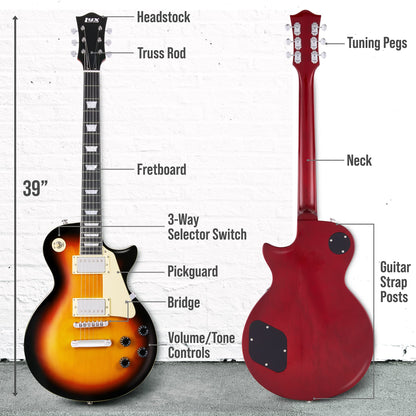 LyxPro 39” SB Series Electric Guitar, LP Style for Beginner, Intermediate & Pro Players Solid Body Guitar, Bonus 2-Pack of Picks, Mahogany Wood, Volume/Tone Controls, 3-Way Pickup - Sunburst