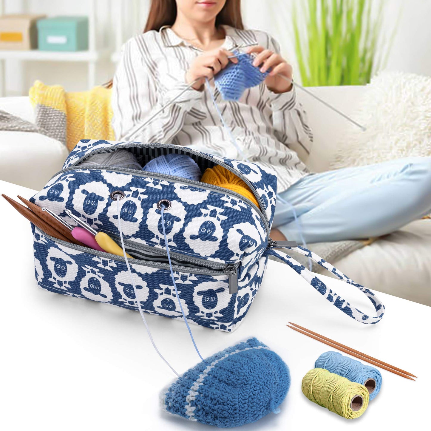 LUXJA Small Yarn Storage Bag, Portable Knitting Bag for Yarn Skeins, Crochet Hooks, Knitting Needles (up to 8 Inches) and Other Small Accessories (Sheep)