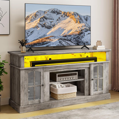 DWVO Farmhouse Television Stand for 75 Inch TV w/Outlets, LED Modern Entertainment Center with Glass Doors and Adjustable Storage Shelves, Media Console TV Cabinet for Living Room, Grey