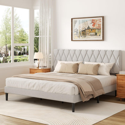 CXVX King Size Bed Frame with Diamond Tufted Headboard, Linen Upholstered Platform Bed and Wooden Slat Support, Noise-Free, No Box Spring Needed, Easy Assembly, Light Grey