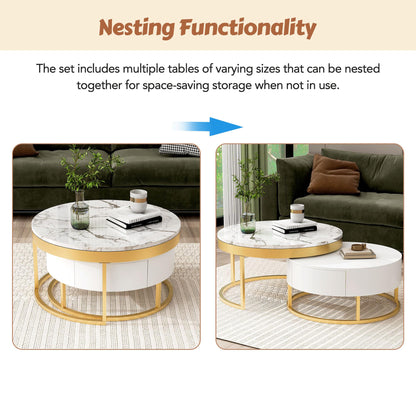 Merax 2-Piece Round Nesting Coffee Table Set with 2 Large Drawers, Marble Finish Tops & Ample Hidden Storage, Space Saving Modern Accent End Tables for Living Room, Apartment, White+Golden