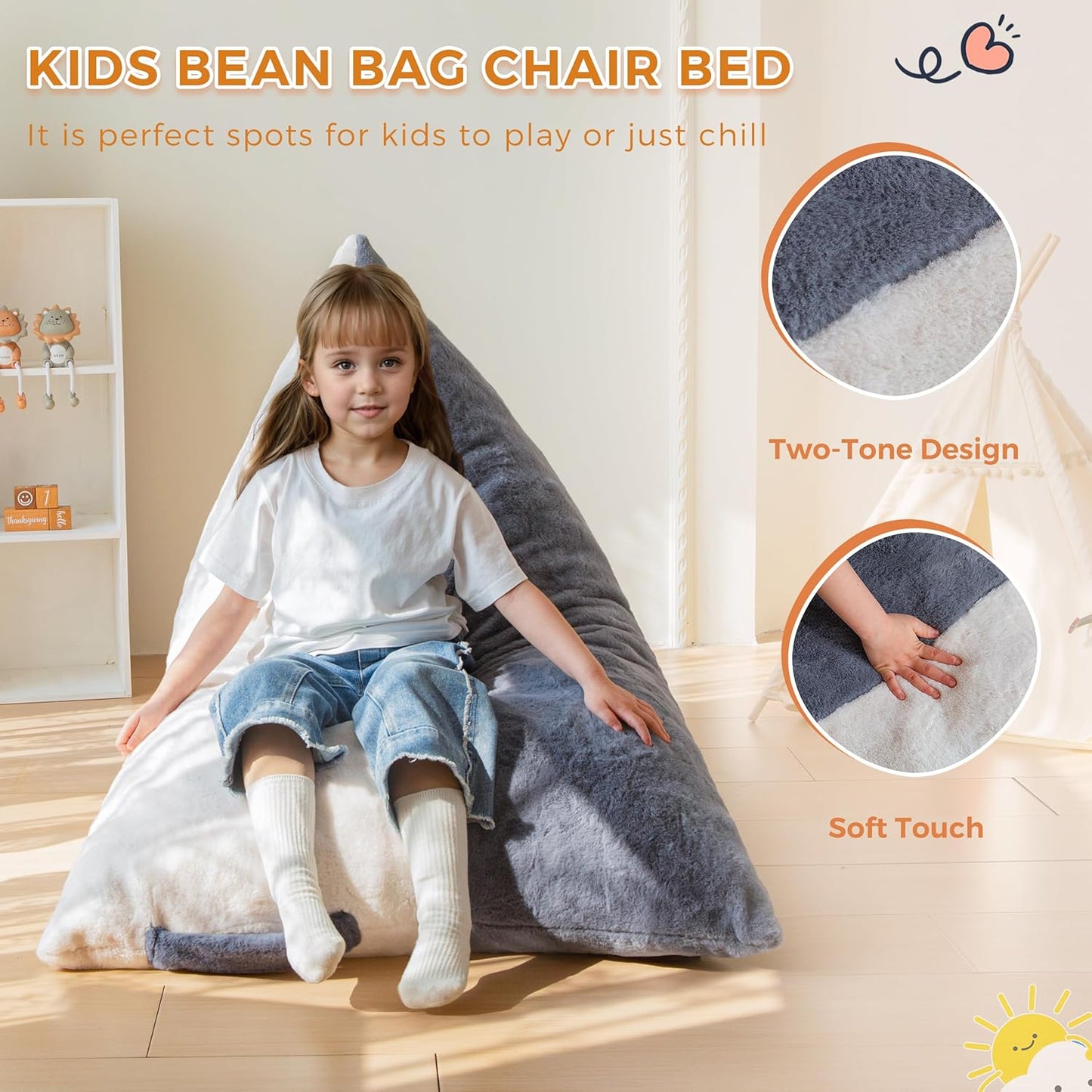 MAXYOYO Kids Bean Bag Chair, Stuffed Bean Bag with Handle for Boys and Girls, Two-Tone Design Child Lazy Chair