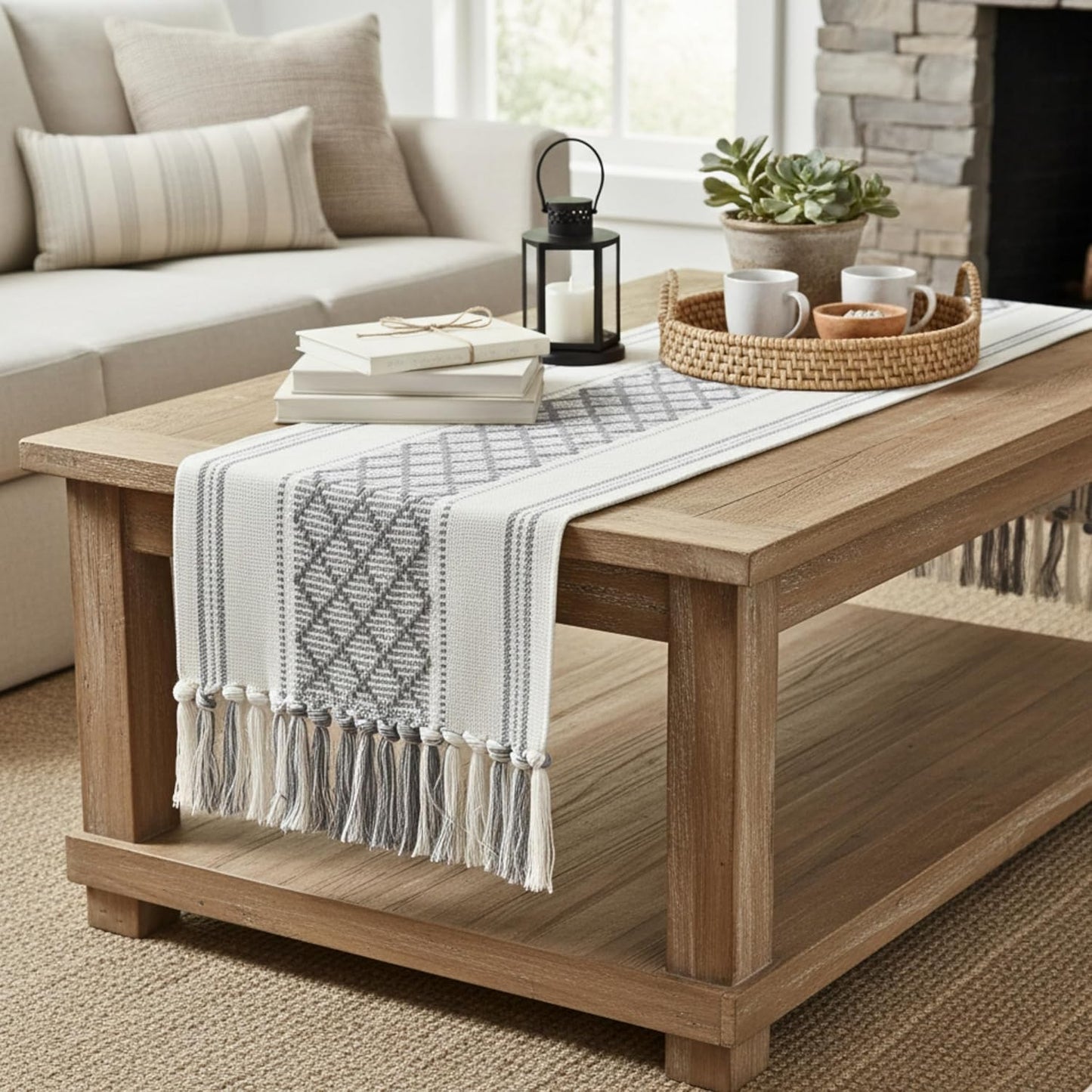 14x72 Inches Grey Table Runner with Tassel Gray & Cream Checks Geometric Design , Woven Washable Heavy Dresser Scarf