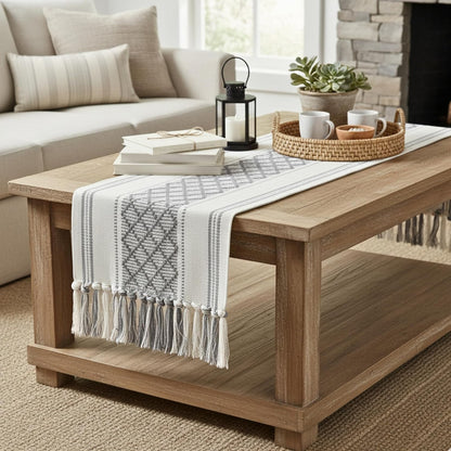 14x72 Inches Grey Table Runner with Tassel Gray & Cream Checks Geometric Design , Woven Washable Heavy Dresser Scarf