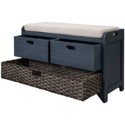 GDFStudio 2-Tier Shoe Storage Bench with Removable Basket & 2 Drawers, Farmhouse Entryway Shoe Organizer Bench with Upholstered Cushion, Wood Entry Bench Fully Assembled for Hallway Living Room, Navy