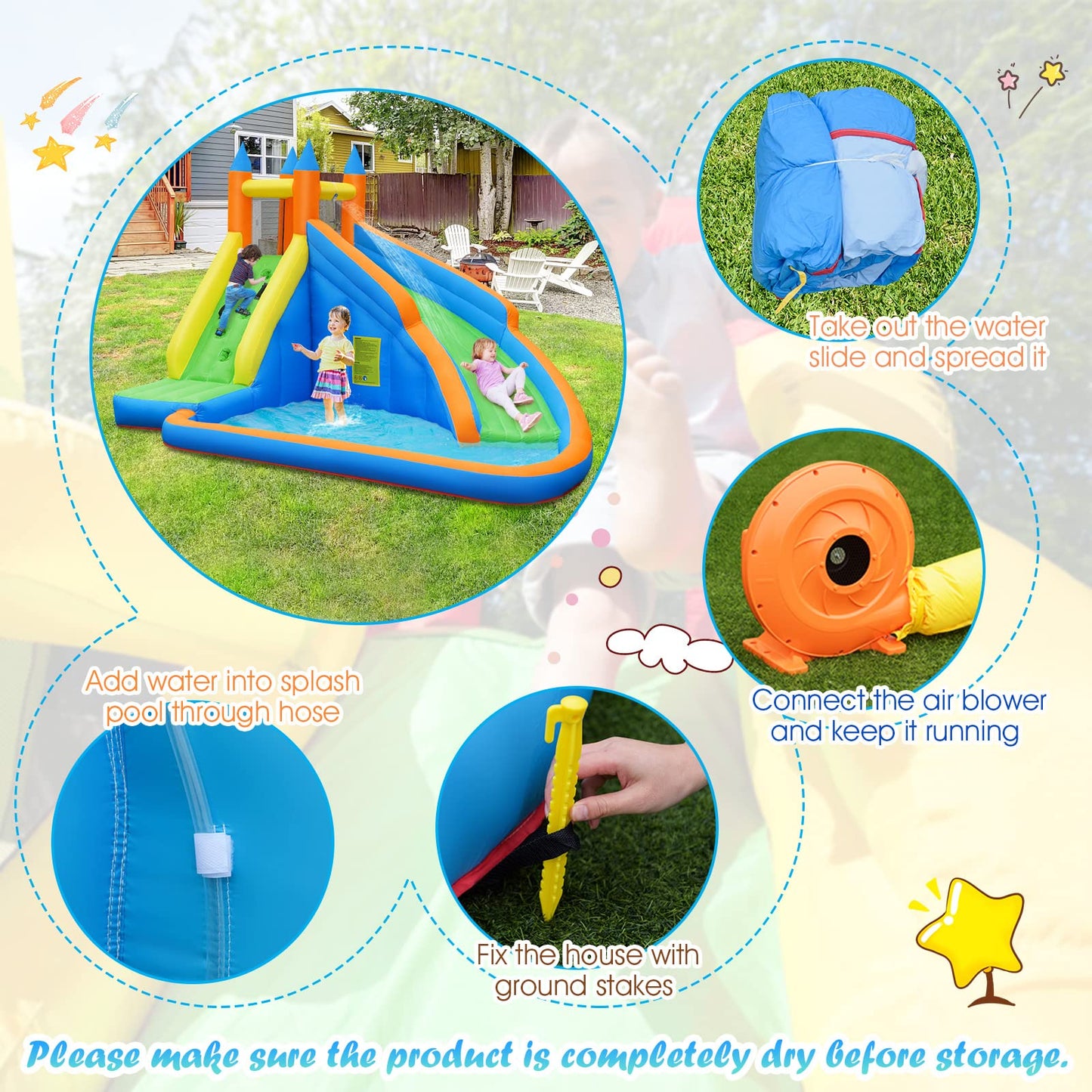 Costzon Inflatable Water Slide, Giant Bouncy Waterslide Park for Kids Backyard Outdoor Fun w/ 480w Blower, Climbing, Splash Pool, 2-pcs, Blow up Water Slides Inflatables for Kids Party Gift