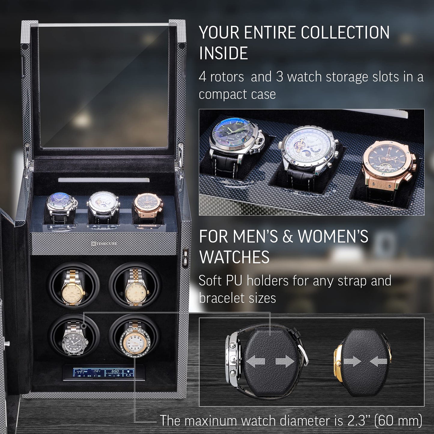TIMECUBE Watch Winder for 4 Watches with 15 Winding Programs and 3 Watch Storage Slots (Carbon)
