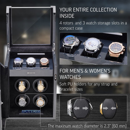 TIMECUBE Watch Winder for 4 Watches with 15 Winding Programs and 3 Watch Storage Slots (Carbon)