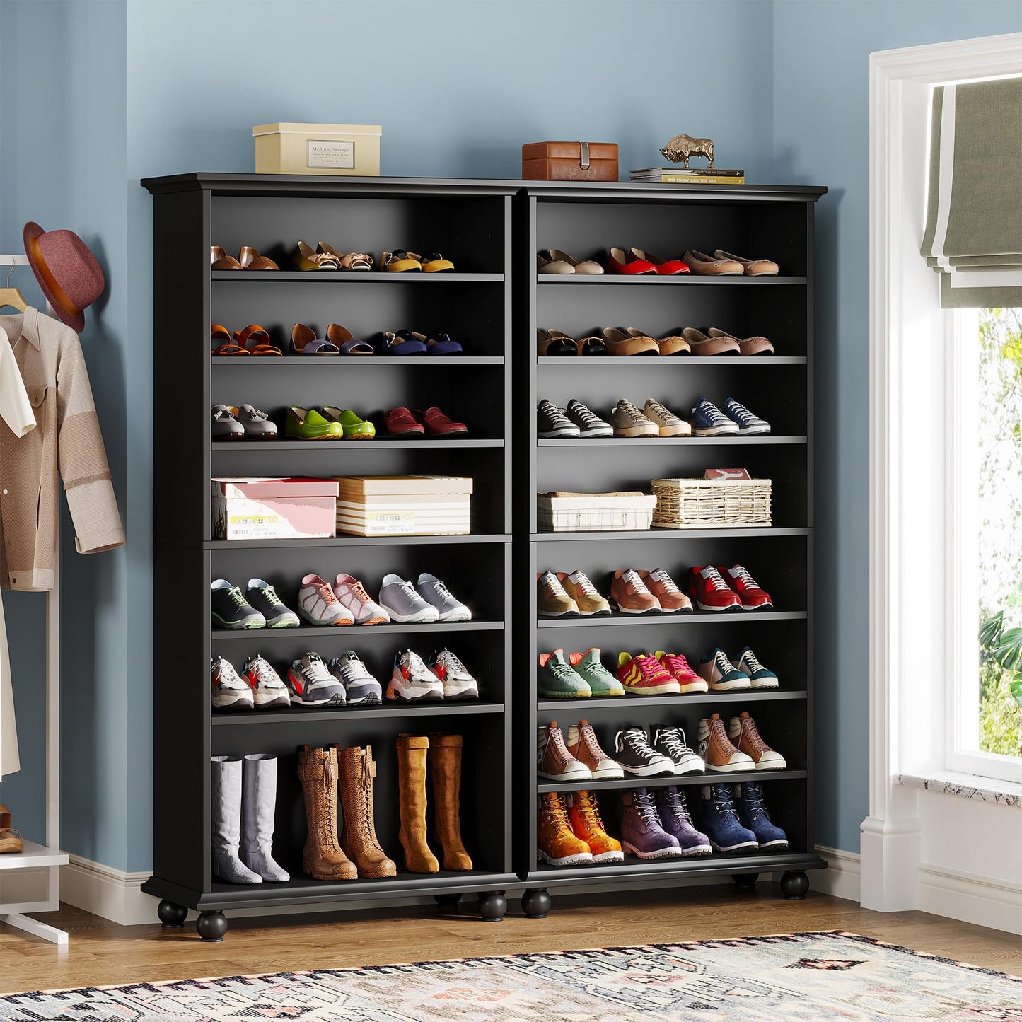 Tribesigns Narrow Tall Shoe Cabinet with LED Lighting, 9-Tier 30 Pairs Freestanding Shoes Storage Cabinet, Wood Shoe Organizer Cabinet with Solid Wooden Legs for Entryway (2, Black)