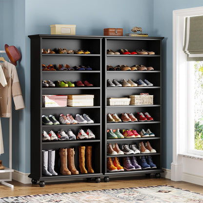 Tribesigns Narrow Tall Shoe Cabinet with LED Lighting, 9-Tier 30 Pairs Freestanding Shoes Storage Cabinet, Wood Shoe Organizer Cabinet with Solid Wooden Legs for Entryway (2, Black)