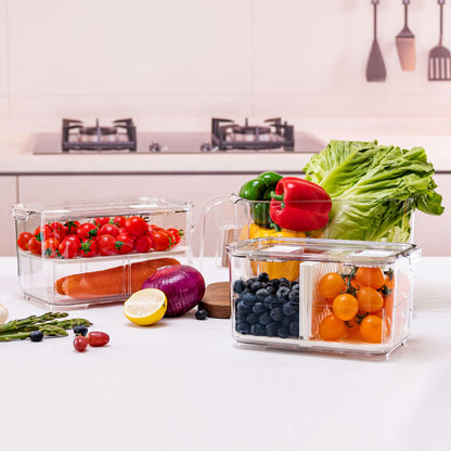 elabo Fruit Storage Containers Fridge Produce Saver- Stackable Refrigerator Organizer Keeper Drawers Bins with Lids and Removable Drain Tray for Veggie, Berry and Fruits, 1 Medium and 1 Large