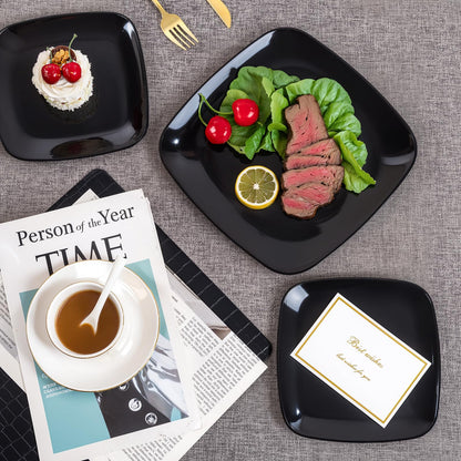 PULOTE 100 PCS Black Square Plastic Plates Disposable - Include 50 Each (10" Dinner & 7.25" Dessert) Plates - Ideal for Party & Graduation