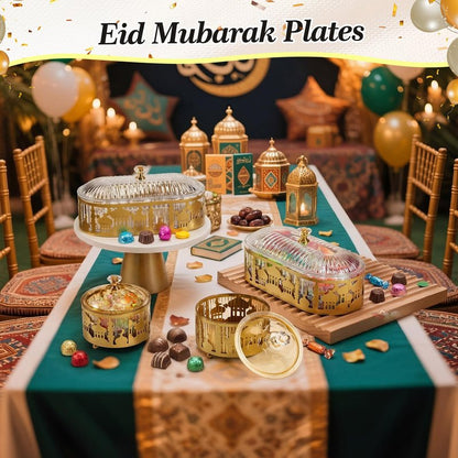 Otoolling 4 Pcs Ramadan Trays with Lid Gold Eid Mubarak Tray Plates Ramadan Moon Candy Dish Table Decorations Food Serving Tray Islam Muslim Al-fitr Cookie Storage Container for Eid Party Supplies