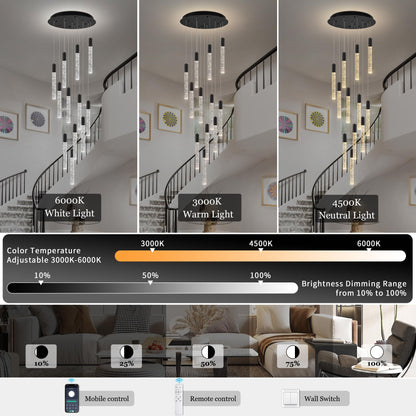 Upfelw Modern High Ceiling Crystal Chandelier 12-Lights, Large Spiral LED Raindrop Foyer Pendant Lighting, Bubble Staircase Living Room Hanging Light Fixture Flush Mount Black