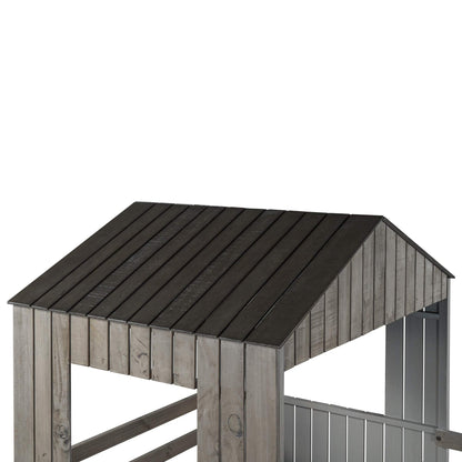 Twin Over Full Bunk Bed Frames Loft Bed with Slide, House Roof, Window and Safety Guardrails for Teens, Boys or Girls