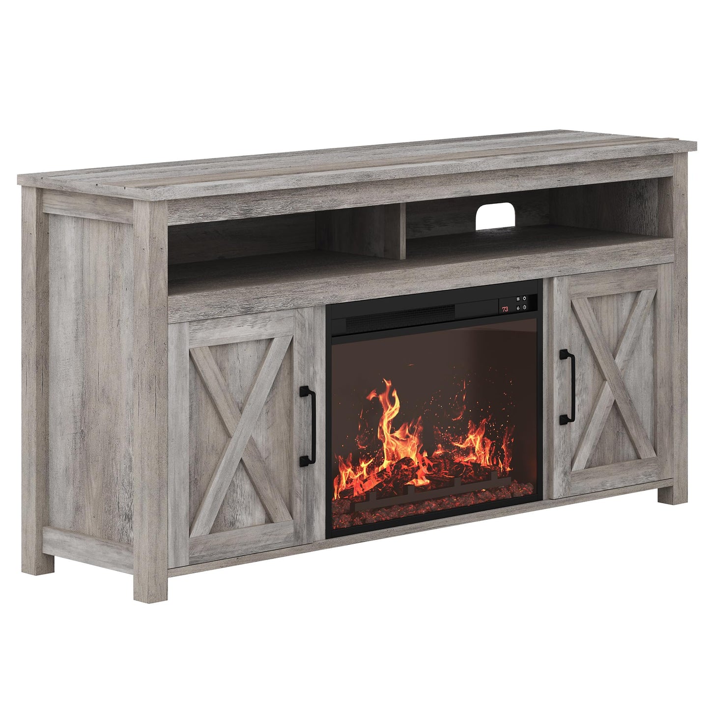 BELLEZE 58" Farmhouse Fireplace TV Stand for TVs up to 65", 23" Electric Fireplace Heater with Sound, Entertainment Center Media Console Table Barn Door Storage Cabinets for Living Room -Gray