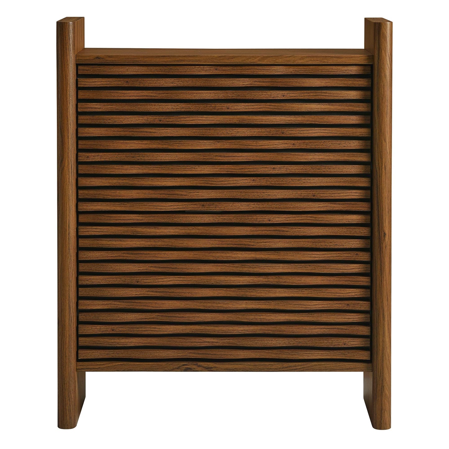 Modway Emric 35 Inch Wave Shoe Storage Cabinet in Walnut – Modern Slatted Front Shoe Rack Cabinet with 2 Flip Drawers for Entryway, Hallway, or Bedroom