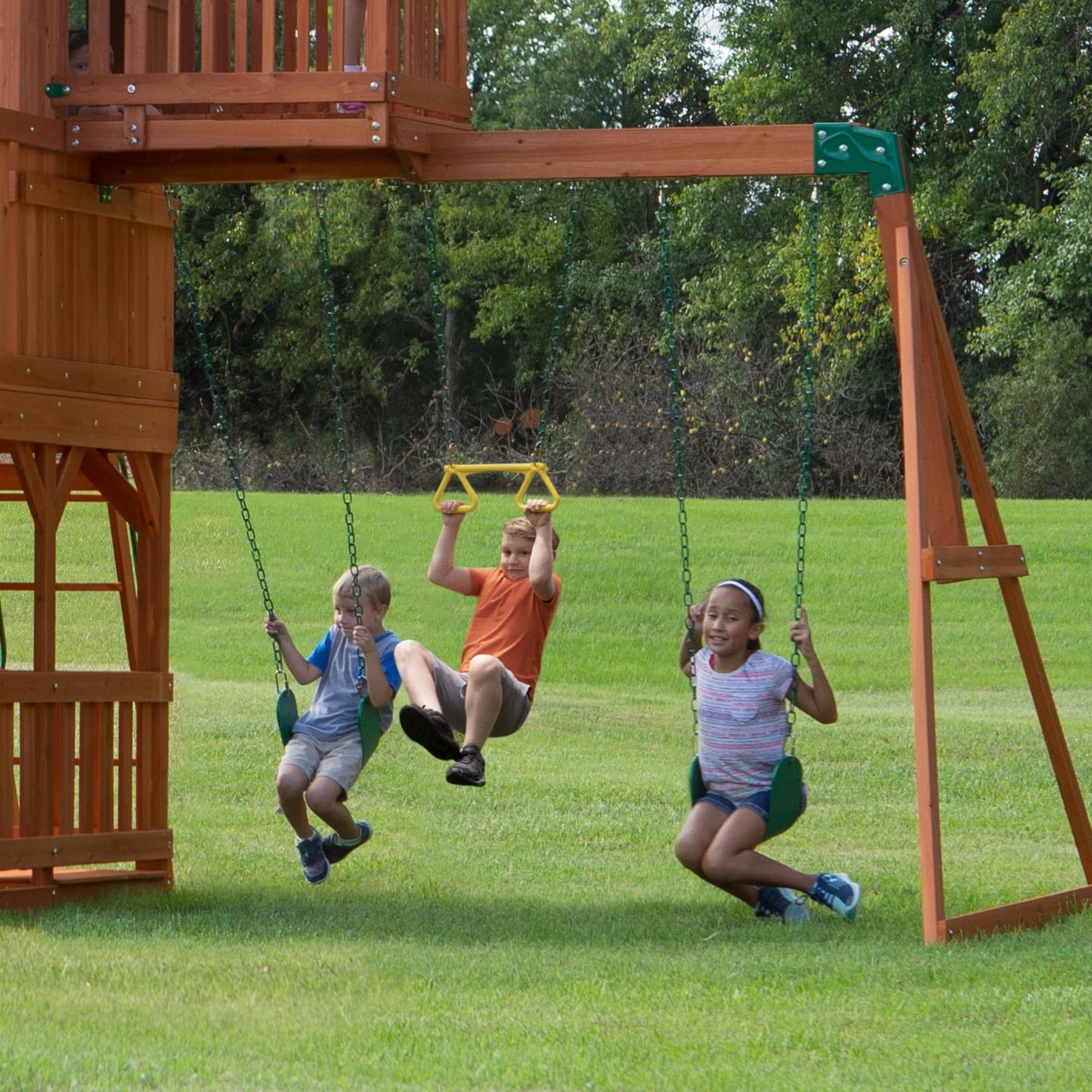 Backyard Discovery Skyfort II Cedar Wood Swing Set with Wave Slide, Raised Clubhouse, Crow's Nest, Monkey Bars, Balcony, Belt Swings, Trapeze, Rock Wall, Picnic Table, Sandbox, Ladder, Outdoor Playset