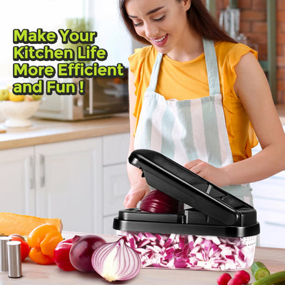 Vegetable Chopper,12-in-1 Multifunctional Food Chopper,Professional Onion Chopper with 7 Blades,Vegetable Cutter with Container for Salad,Potato,Carrot,and Garlic Essential Kitchen Tool (Black)