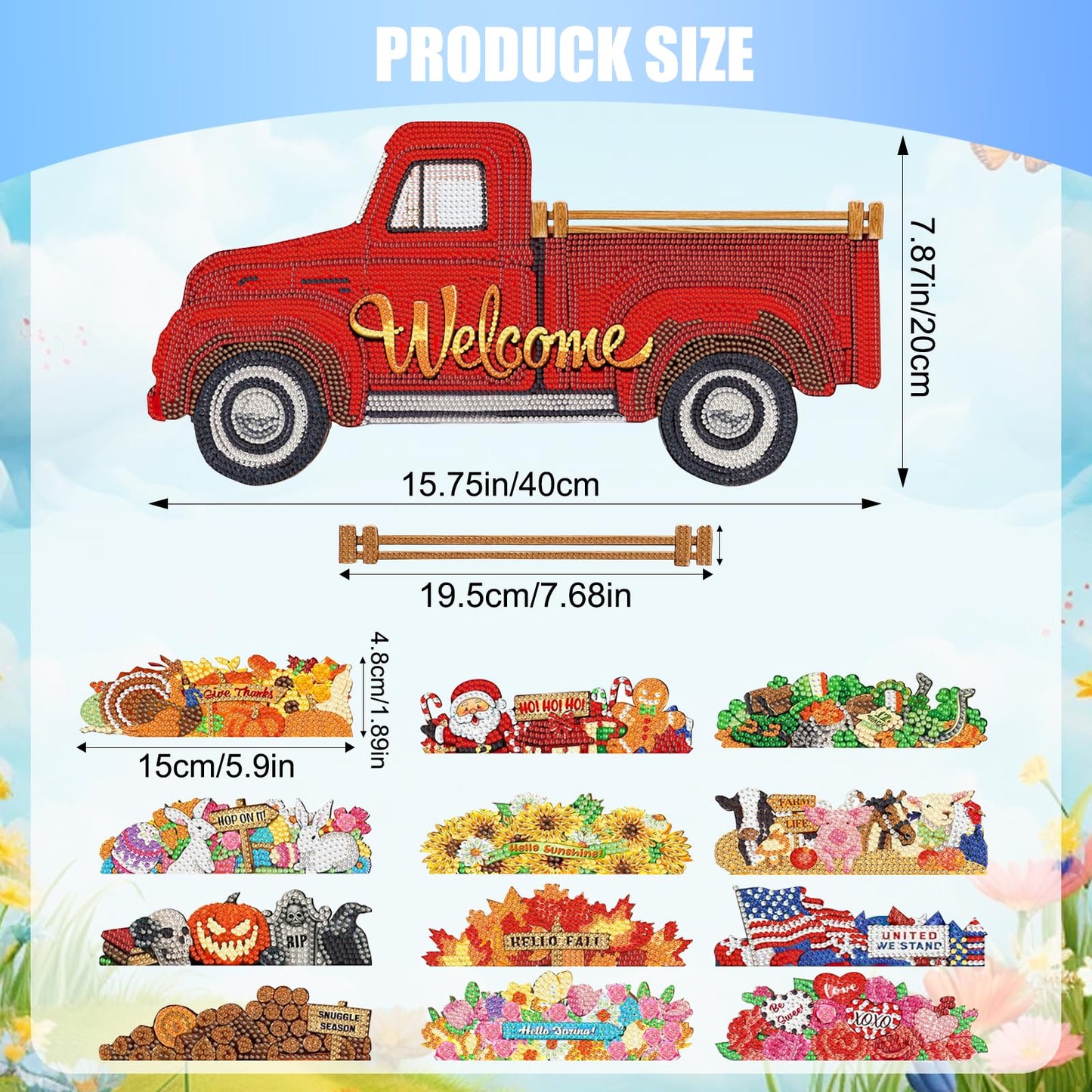APCGSM 13PCS Interchangeable Diamond Painting Welcome Sign for Front Door Holiday Decor Red Truck Hanging Sign DIY Diamond Art Kits for Adults Interchangeable Seasonal Decor for Home Wall Farmhouse