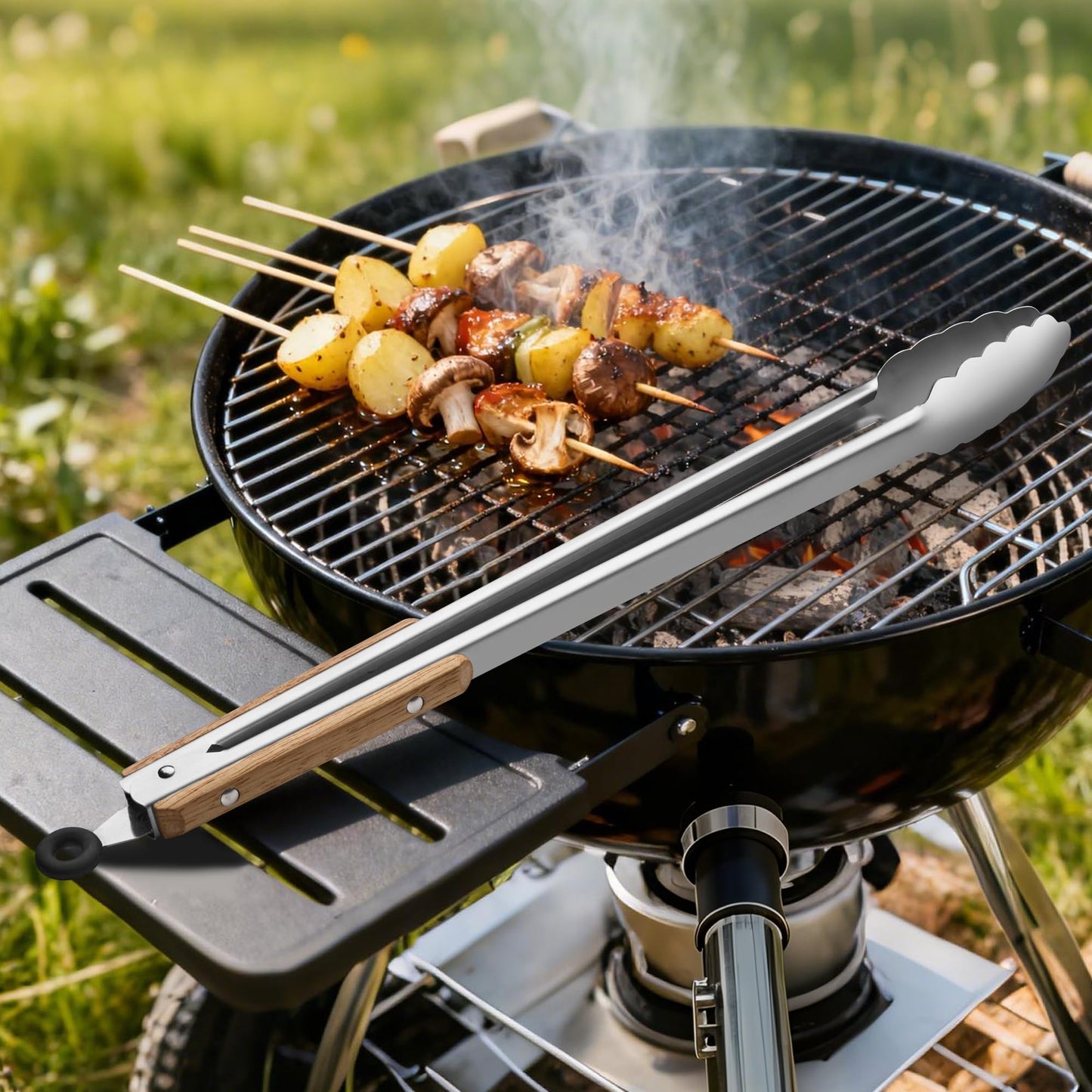 17-Inch Grill Tongs - Locking Metal Tongs with Oak Wood Handles,Stainless Steel Kitchen Tongs for Cooking,Long Tongs for Grilling,BBQ,Serving and Outdoor Barbecue,Heavy Duty,Heat-Resistant and Durable