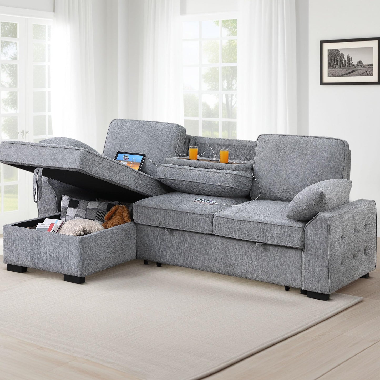 ERYE L-Shaped Pull Out Sleeper Couch Bed, Modern Chenille Upholstered Button Tufted Corner Couch Reversible Sectional Sleeper Sofa Bed W/Storage Chaise, Cup Holders