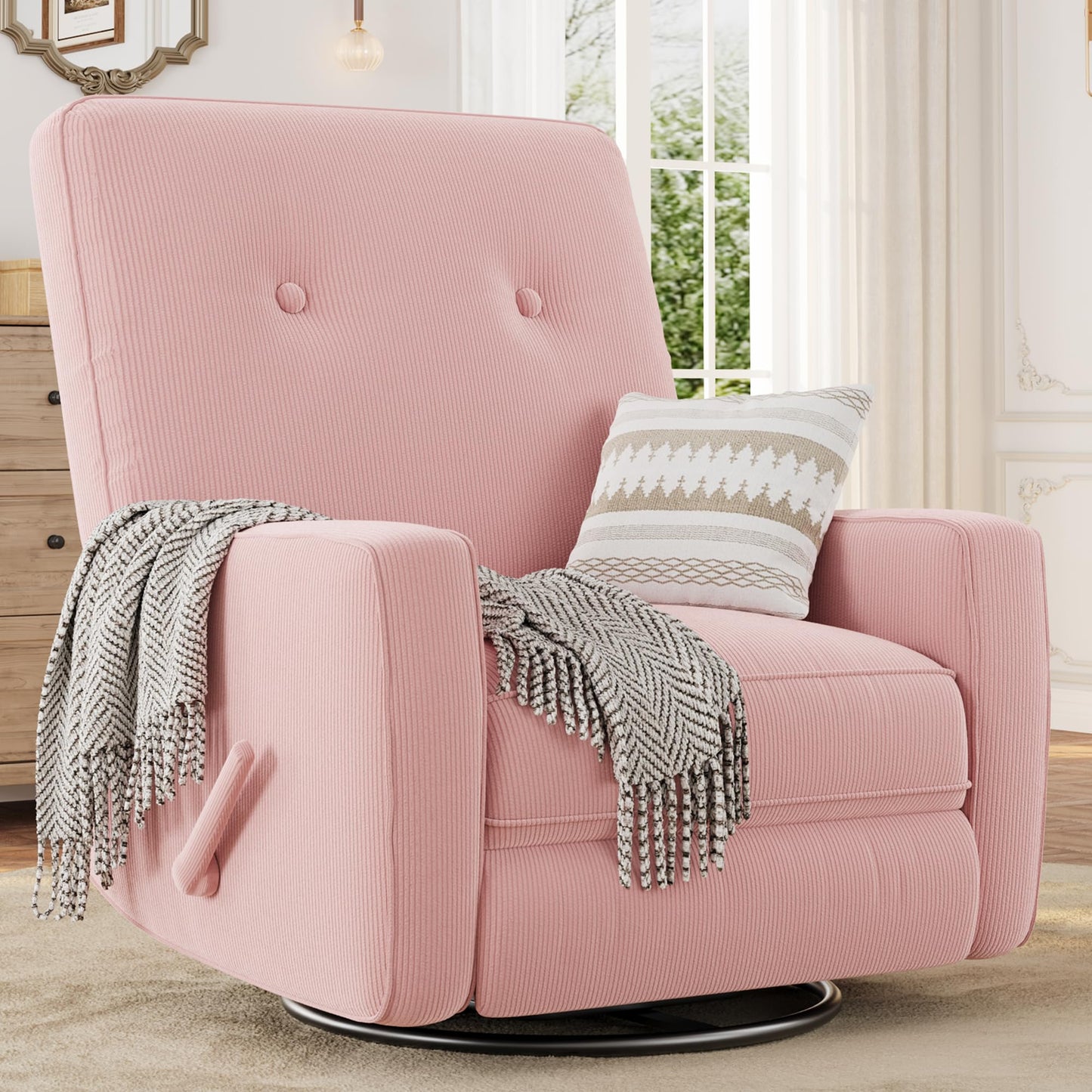 GarveeHome Recliner Chairs, Swivel Rocker Recliner, Glider Recliner Nursery Chair for Adults, 360° Swivel Glider Rocking Chair for Living Room, Bedroom, Office, RV, Small Spaces, Corduroy, Pink