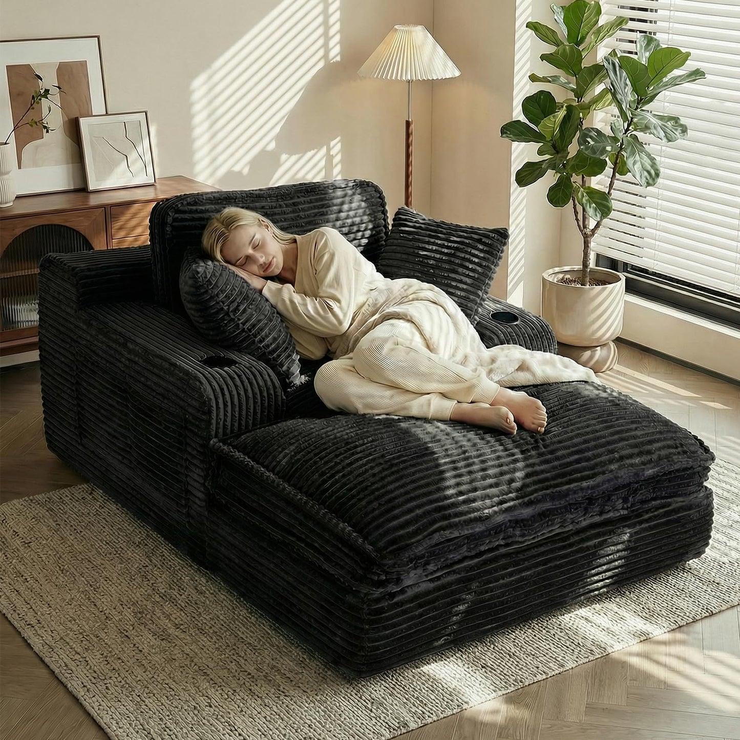 67" Oversized Chaise Lounge Chair Indoor, Soft Boneless Cloud Couch with 3 Pillows, 4 Side Pockets and 2 Cup Holders, Comfy Corduroy Sleeper Couch for Living Room Bedroom