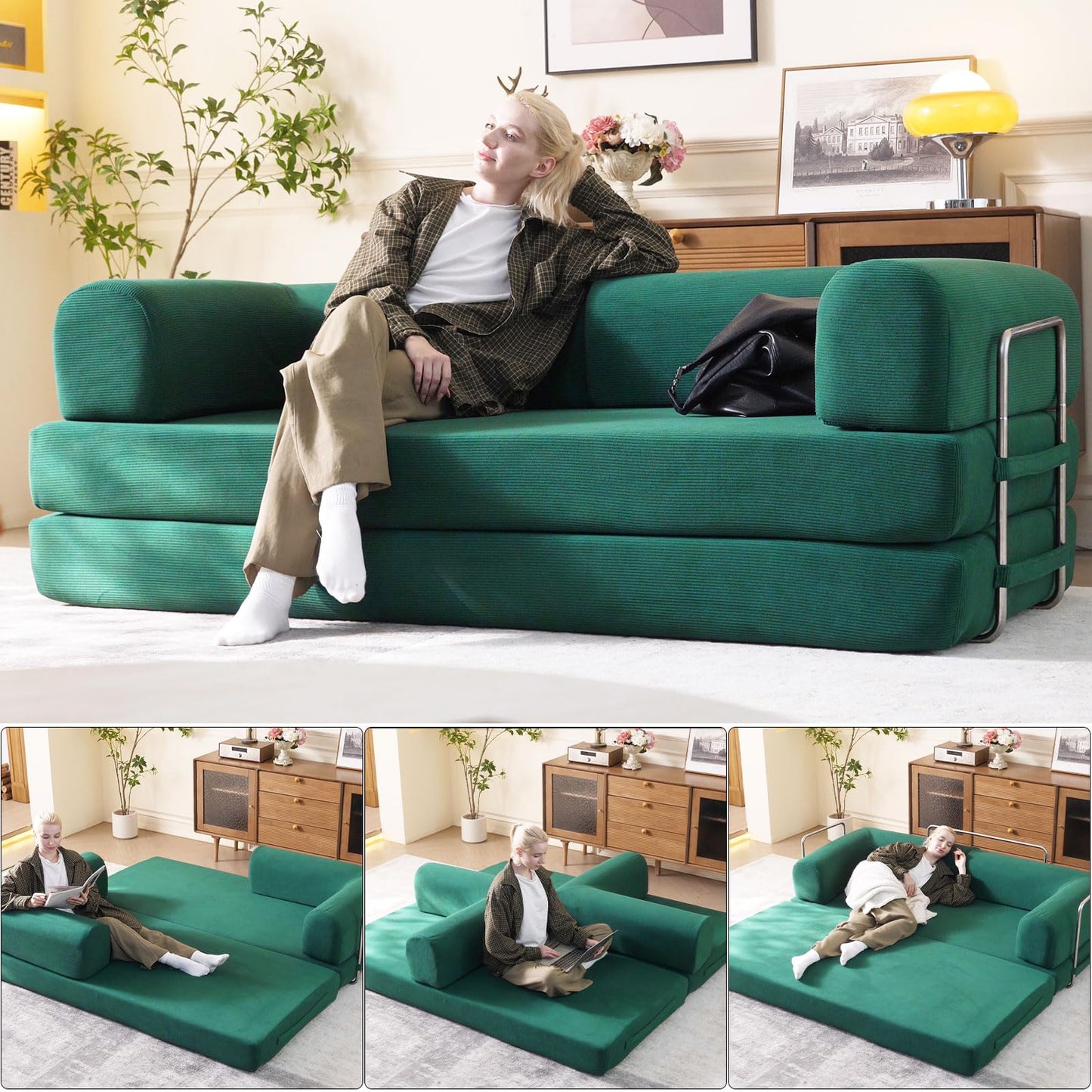 WHGBJA 79'' Convertible Sleeper Sofa Bed, 3-in-1 Foldable Floor Couch with Corduroy Upholstery, No Assembly Loveseat, Light Brown Lounge Mattress for Living Room, Studio, Guest Room (Light Green)
