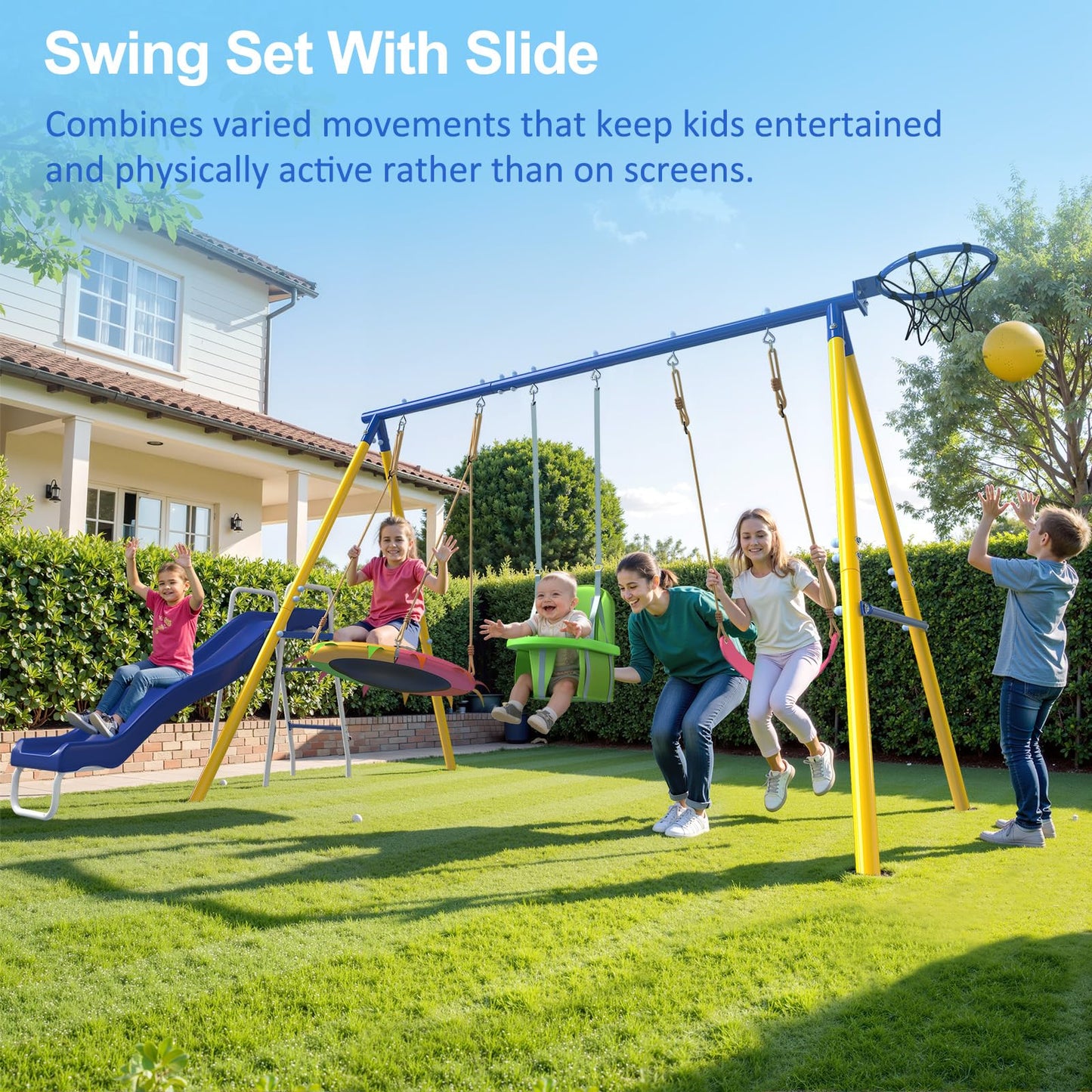 JYGOPLA Metal Swing Sets for Backyard, 5-in-1 Kids Swing Set Slide Combo with Saucer Swings, Baby Safety Swing & Basketball Hoop for Ages 3-12