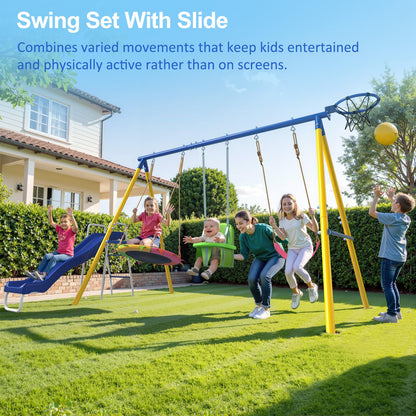 JYGOPLA Metal Swing Sets for Backyard, 5-in-1 Kids Swing Set Slide Combo with Saucer Swings, Baby Safety Swing & Basketball Hoop for Ages 3-12