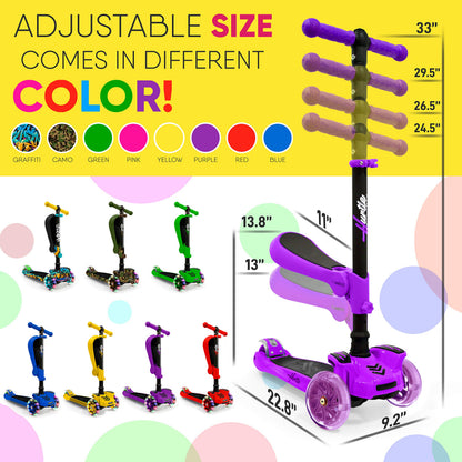 Hurtle Kids Scooter - Child Toddler Kick Scooter Toy with Foldable Seat - 3 Wheel Scooter with Adjustable Height, Anti-Slip Deck, Flashing Wheel Lights, for Boys/Girls 1-12 Year Old, Purple